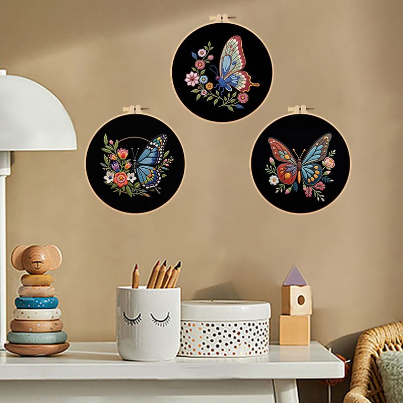 Image of Konrisa Flower Butterfly Embroidery Kits for Adults, Stamped Embroidery Starter Kit with Hoop,DIY Sewing Needlepoint Cross Stitch Kit, Set of 3