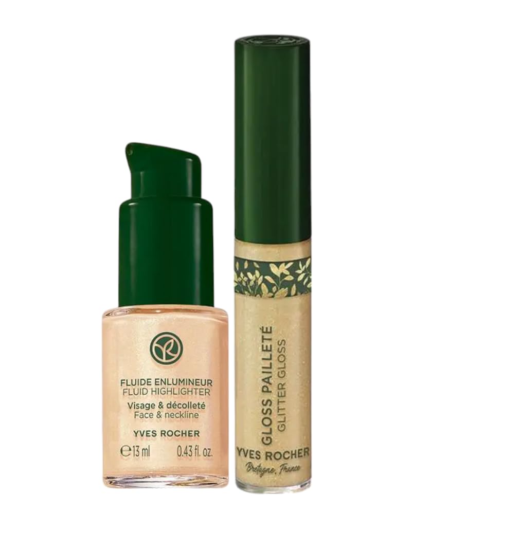 Yves Rocher Rouge Elixir Lip Gloss Shimmering High-Shine Lip Gloss and Liquid Face Fluid Highlighter Set of 2-7ml