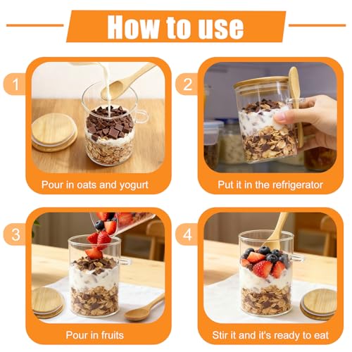 Image of Overnight Oats Containers With Lids and Spoons, 2pack Glass Jars with Bamboo Lids, Leak-Proof Overnight Oats Jars for Cereal, Yogurt, Chia Pudding
