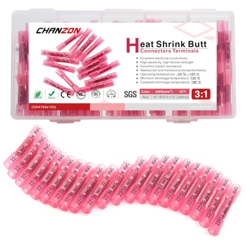 Chanzon 100pcs Heat Shrink Butt Connectoras Waterproof 22-16AWG Red