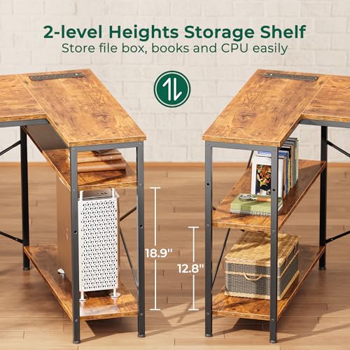 Huuger L Shaped Desk with Power Outlets, 63 Inch Reversible Computer Desk with 3 Drawers and Shelves, Home Office Table for Corner Work Study Writing Gaming, Rustic Brown