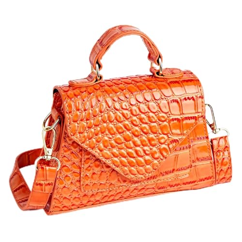 Petit sac à bandoulière orange en cuir végétalien crocodile avec poignée