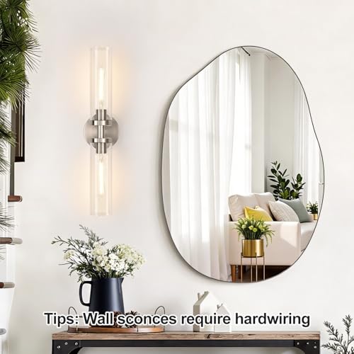 Image of Indoi Brushed Nickel Wall Sconces, Hardwired Bathroom Sconces Vanity Light with Clear Glass, Modern Bathroom Vanity Lights fixtures for Mirror Bedroom Living Room Hallway Kitchen