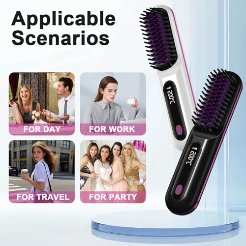 Image of Cordless Hair Straightener Brush for Women, Portable Travel Hair Straightener Brush, Ionic Ceramic Mini Hot Comb with Fast Heating, 3 Heat Settings, USB Rechargeable Anti-Frizz Styling Tool (White)