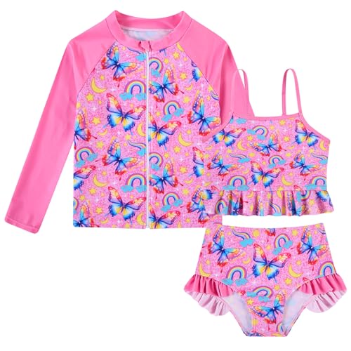 Image of Funnycokid Girls Swimsuit Kids Bathing Suit Rashguard Swimwear Long Sleeve 3 Piece Toddler 3-7 Years