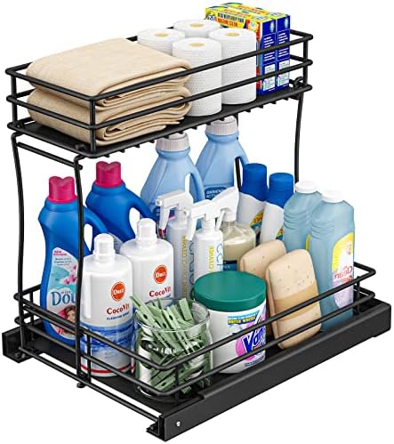 CD HOME Pull Out Cabinet Organizer, 2-Tier Under Sink Slide Out Kitchen Cabinet Storage Shelves, for Bathroom, Kitchen, Office,Least 13 Inch Cabinet Opening （Black ）