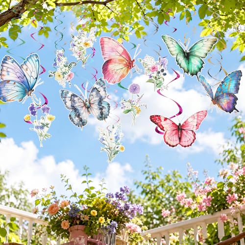 Image of 36 Pcs Wildflower Butterfly Hanging Swirl Decoration Wildflower Ceiling Hanging Streamer Large Paper Floral Butterfly Birthady Decor for Women Tea Party Wedding Garden Baby Shower Supplies