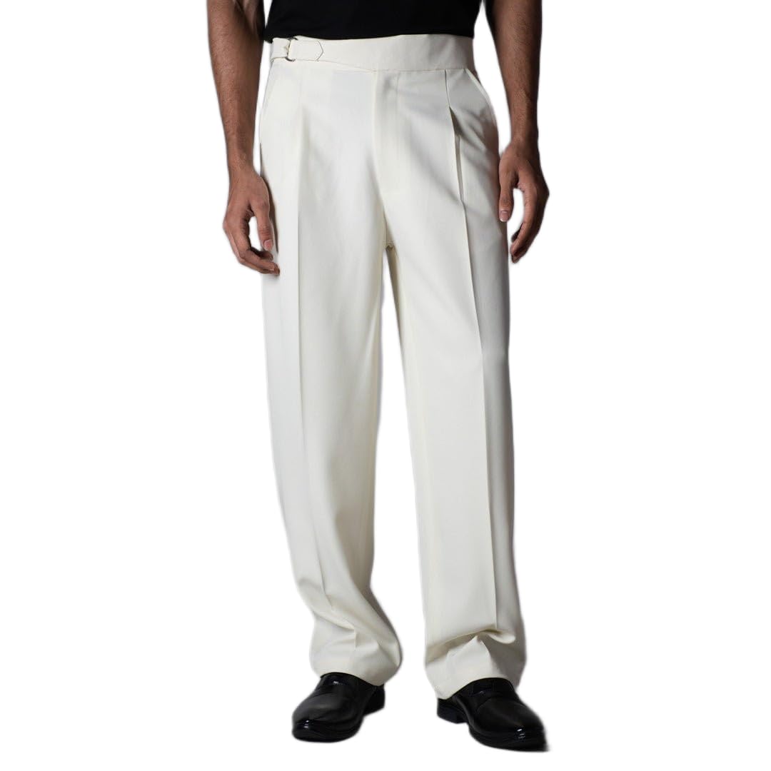 hophead Men Off White Italian Style Straight Fit Trousers | Elegant Single Pleated Pants with Integrated D Ring Belt | Breathable Formal Wear for Modern Gen Z-picture-44