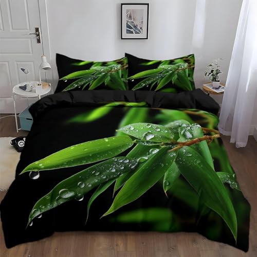 Feuilles de Bambou Vertes Housse de Couette 200x200 Parure de Lit Méditation Zen Microfibre Impression 3D Une House de Couette et Deux Taies d'oreiller (65x65...