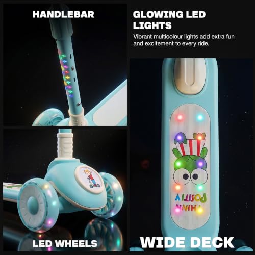 Image of Baybee Rydelle 3 Wheel Kick Scooter for Kids with LED Light Up Wheels & Music | Foldable, 3 Height Adjustable Kid Scooter Handle & Brake | Runner Scooters for Kids 2 to 10 Years Boys Girls (Blue)