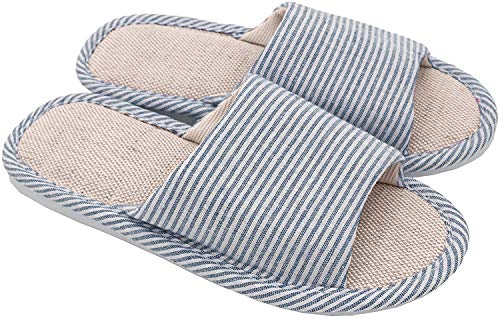 APIKA Women's and Men's Cotton Flax Casual Soft Light Open Toe Slippers Comfortable and Breathable House Slippers Anti-Slip for Indoor and Outdoor (5.5/6 UK, Blue)