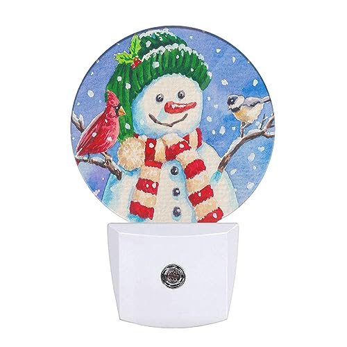 Image of Snowman and Birds Decorative Night Light Winter Snow Snowflakes Christmas Plug-in Nightlight Energy Saving 0.5W LED Lighting for Boys Girls Men Women