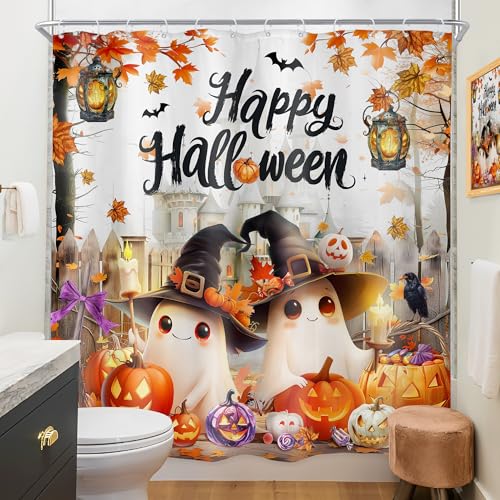 Image of Riyidecor Happy Halloween Shower Curtain Kids Funny Ghost Cute Cartoon Gothic Spooky Fall Autumn Pumpkin Maple Leaves Castle Bathroom Decor Fabric Polyester Waterproof 12 Pack Hooks 72Wx72H Inch