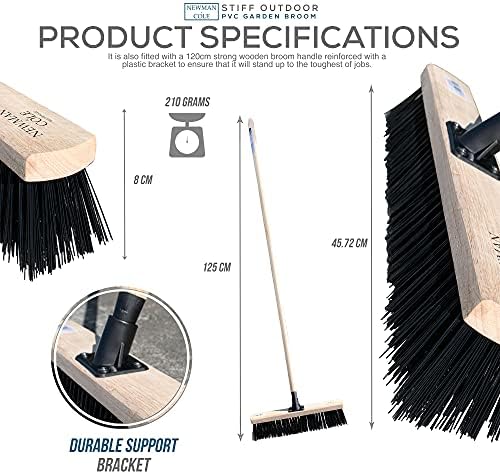 Newman & Cole Garden Broom Outdoor, 18 Large Broom Stiff Brush with Synthetic PVC Bristles and Fitted with Long Wooden Handle