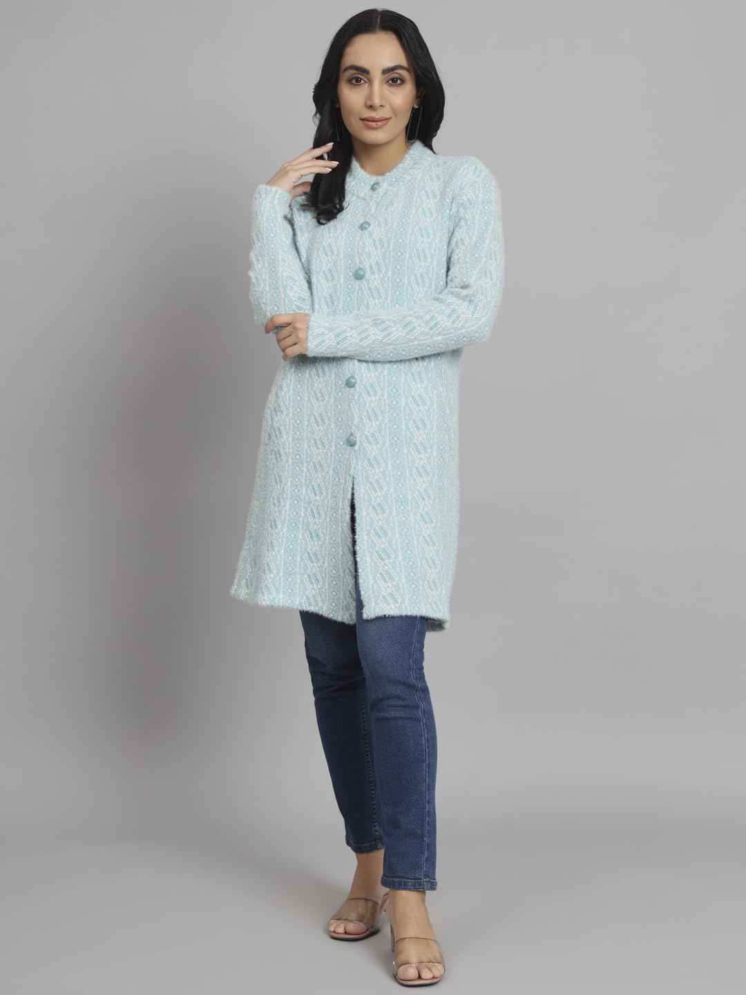 eWools Women's winterwear Woolen Long Coat Cardigan (Firozi, Large) - Image 5 thumbnail