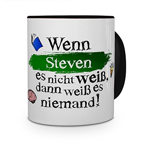printplanet Tasse mit Namen Steven - Layout: Wenn Steven es Nicht weiß, dann weiß es niemand - Namenstasse, Kaffeebecher, Mug, Becher, Kaffee-Tasse - Farbe Schwarz für 12,99 EUR bei amazon.de Bild: printplanet Tasse mit Namen Steven - Layout: Wenn Steven es Nicht weiß, dann weiß es niemand - Namenstasse, Kaffeebecher, Mug, Becher, Kaffee-Tasse - Farbe Schwarz für 12,99 EUR bei amazon.de