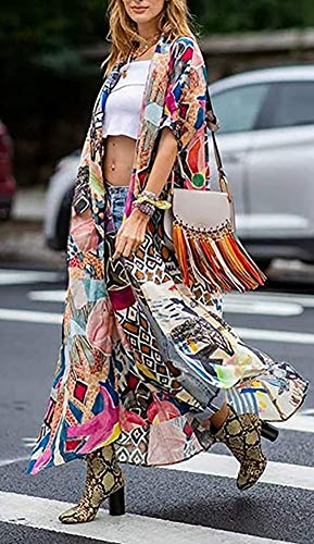 LONGBIDA Women's Bohemian Floral Print Short Sleeve Kimono Loose Cardigan Lightweight Cover Up3