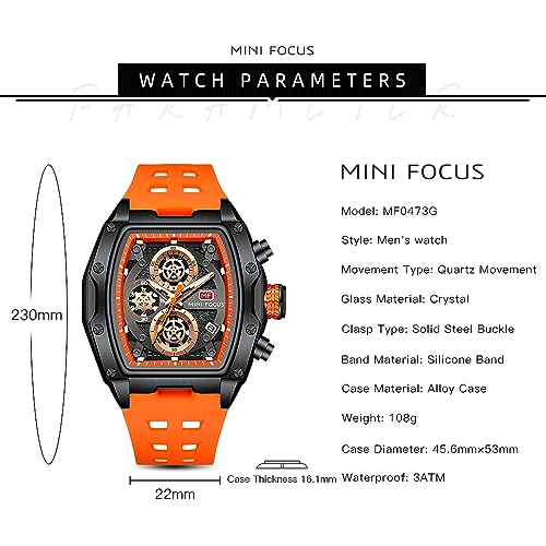Image of MINI FOCUS Men's Chronograph Watch With Silicone Strap & Skeleton Dial & Rose Gold Accents | Quartz Movement, (Chronograph /Waterproof /Luminous /Calendar) Square Case Wrist Watch For Sports & Outdoor Styling (MF0473G)