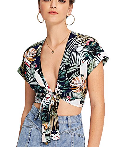 Floerns Women s Summer Printed V Neck Bow Tie Crop Top Blouse Green Floral M