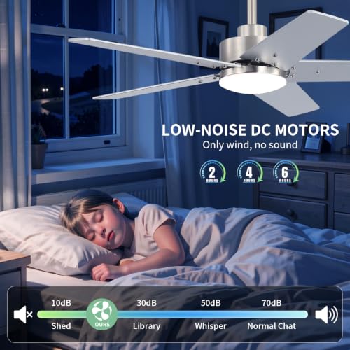 Image of 42 Inch Ceiling Fans with Lights and Remote, Bedroom Living Room Kitchen Home Office Indoor /Outdoor, 6CCT Dimmable, Dual Color 5 Blades, 6 Speed Reversible Quiet DC Motor, Sand-nickel /Wood Grain
