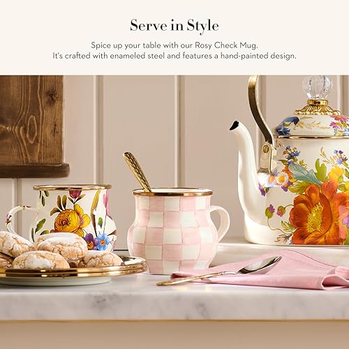 Image of MACKENZIE-CHILDS Enamel Mug, 16 Ounces, Pink-and-White Rosy Check