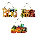 【Diseño clásico】El paquete incluye 3 piezas 18x11cm de letrero colgante de madera para fiesta de calabaza de Halloween con 3 estilos diferentes ,como boo, trick or treat y happy Halloween,la cantidad suficiente puede satisfacer las necesidades de decoración de tu fiesta y agregar un ambiente festivo a tu fiesta.
