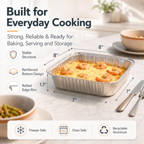 Image of 8x8 Thickened Aluminum Foil Pans, 20Pack Disposable Aluminum Pans for Roasting, Baking, Cooking, Food Prep, Chafing, Steam Table, Oven, Cake, and Party Catering.