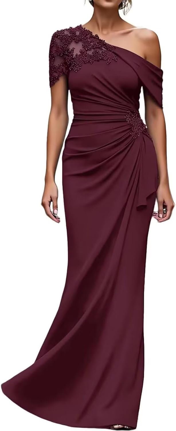 One Shoulder Mermaid Mother of The Bride Dresses for Wedding Lace Long Chiffon Formal Evening Party Gowns