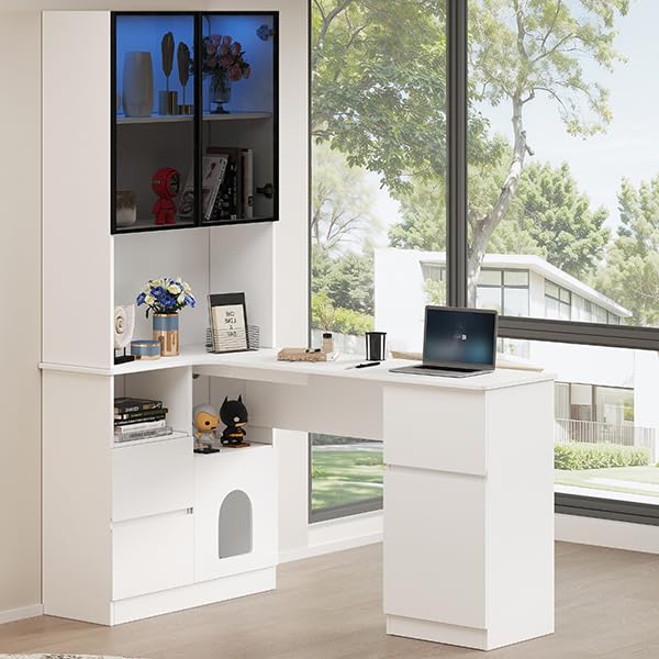 Bureau d'angle avec étagère vitrine LED 120x80x180 cm meuble en L - 3