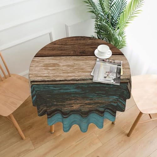 mutakin Wooden Rustic Tablecloth Round Farmhouse Turquoise Table Cloths Washable Rustic Table Cover for Decoration Kitchen Dining Room 60 Inch by mutakin - Image 2