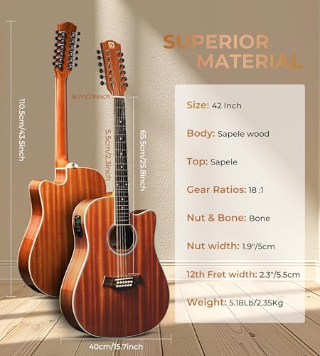 Vangoa 12 Saitige Gitarre, Akustisch-elektrische Dreadnought Cutaway Gitarre Bundle, Sapele Korpus, Braun