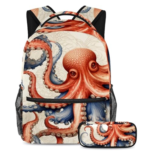 Sac à dos pieuvre monde marin avec trousse d'école pour garçons et filles