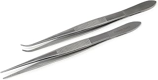 Precision Serrated Forceps Stainless Steel Multifunction Lab Tweezers 2 Pc Set with Fine Pointed Straight & Curve Tips for Laboratory, Workshops, Handicrafts (5.5