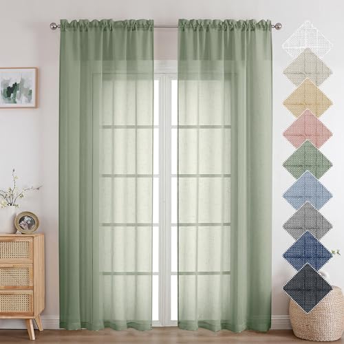 Aiyufeng Kirei Sage Green Linen Sheer Curtains 84 Inch Length