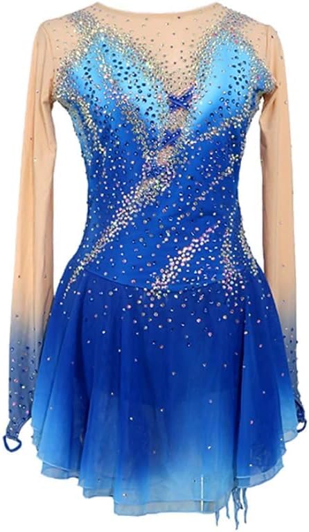 Figure Skating Dress,Girls Blue+Light Blue Patchwork Asymmetric Hem Mesh Spandex Skating Performance Competition Wear Costume