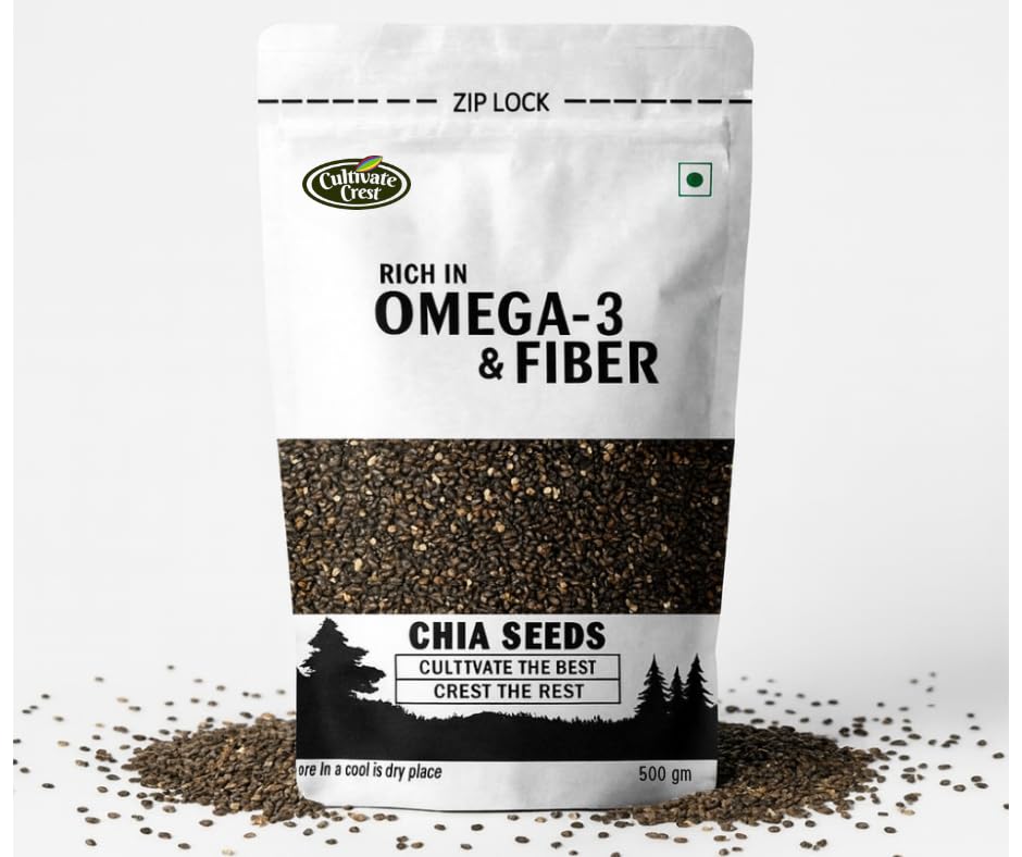 Image of Cultivate Crest Organic Chia Seeds 500g | 100% Natural & Raw, High Protein Seeds | Rich in Omega 3 & High Fibre, Vegan Superfood, Gluten Free, For Smoothies, & Daily Nutrition for Weight Management