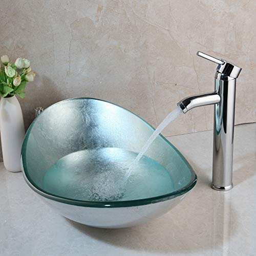Yanksmark Tempered Glass Wash Bowl Vessel Sink & Chrome Bathroom Faucet Finish Combo Set #TOP1