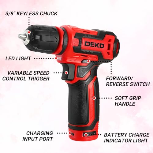 Cordless Drill：DEKOPRO 12V Power Drill Set 800RPM Electric Drills Small Drills with 3/8-inch Keyless Chuck and Portable Tool Set Gift Box (Red) by DEKOPRO - Image 2