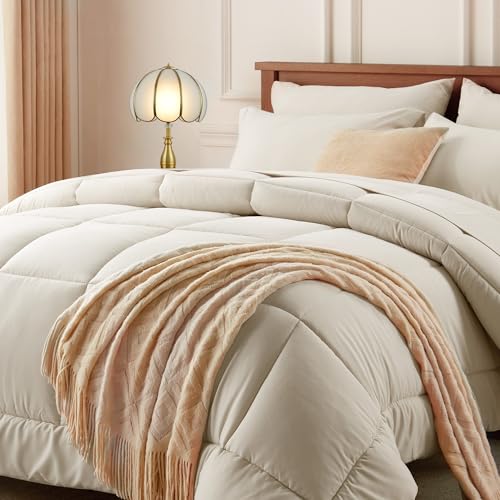 Newspin Queen Comforter Set Beige - Bed in a Bag Queen Size 7 Pieces, All Season Bed Set, Fluffy Comforter Set with Sheets, Sheet Set Quilt Blanket, Pillowcases & Shams