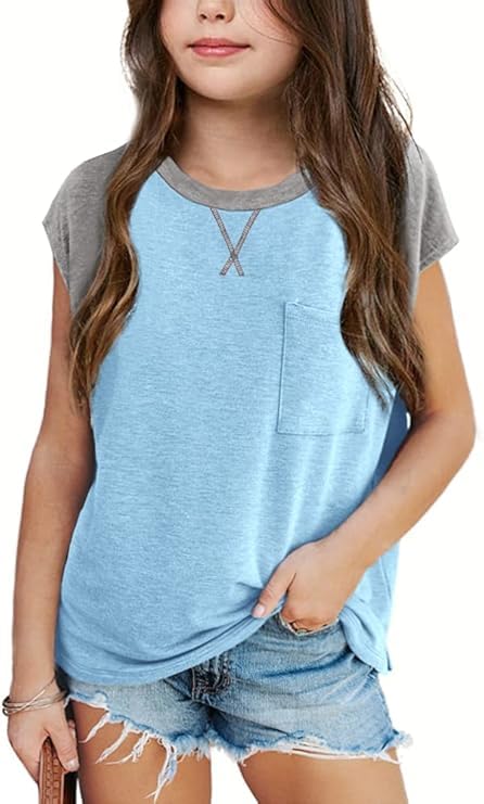 Haloumoning T-Shirt Mädchen Sommer Rundhals Kurzarm Tops Kinder Kappe Ärmel Farbblock Tshirts Lässige Leicht Sport Oberteil mit Brusttasche 5-14 Jahre