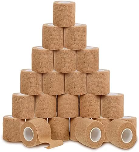Self Adhesive Bandage Wrap - 2 inch by 5 Yards All Sports Athletic Tape | Brown Non-Woven Bandage Wrap | Breathable Wound Bandage Tape | Medical Stretch, Cover All Tape (24-Pack)