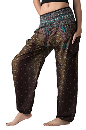 B Bangkok Pants Harem Pants Women Boho Clothes With Pockets (Brown Peacock, One Size) #TOP2