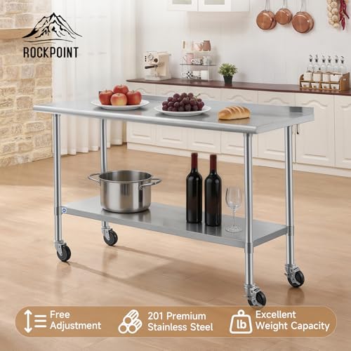 Image of ROCKPOINT All Stainless Steel Prep Table with Caster & Backsplash 24x60 Inch,Commercial Heavy Duty Workbench with Stainless Legs & Adjustable Undershelf,850 lb Capacity for Outdoor Kitchens with Wheel