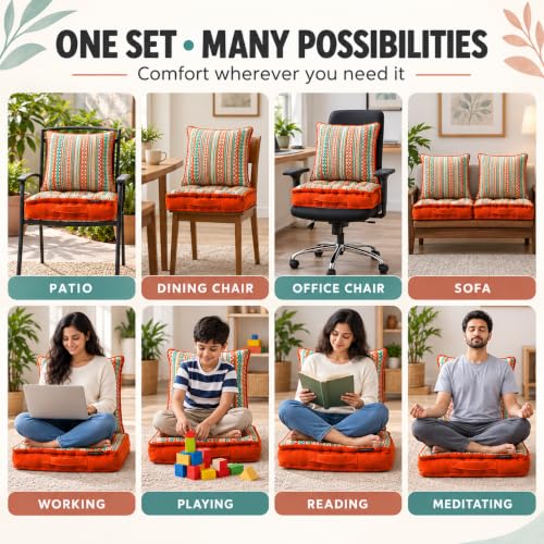 Image of Woven Quilted Floor Cushion Set 50x50x10 CM with Fillers & Back Cushion, Large Size for Seating, Patio Seat, Meditation, Yoga, Pooja, Guests, Living Orange Boho 20x20x4 Inch