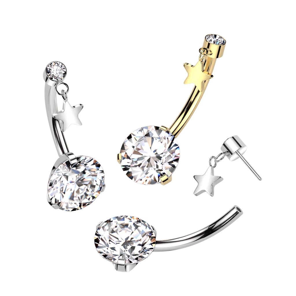 Paula & Fritz® Push-In Piercing Bauch-nabelpiercing Anhänger Stern Zirkonia Titan-ium Grade 23 1,6-mm Stab-Dicke Gewindelos Bananabell Nabelpiercing
