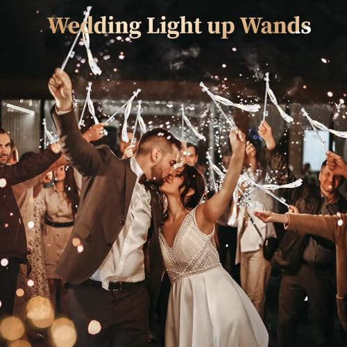 100PCS Light up Wedding Wands with Ribbons & Bells, Romantic Sparkle with Three Light Modes, Light up Wands for Wedding Send off, New Year, Birthday Party, Parties, and Celebrations