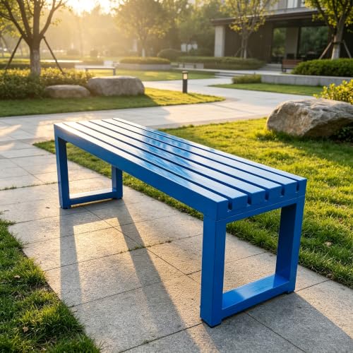 Banco de acero robusto arquitectónico sin respaldo color azul 150cm 2