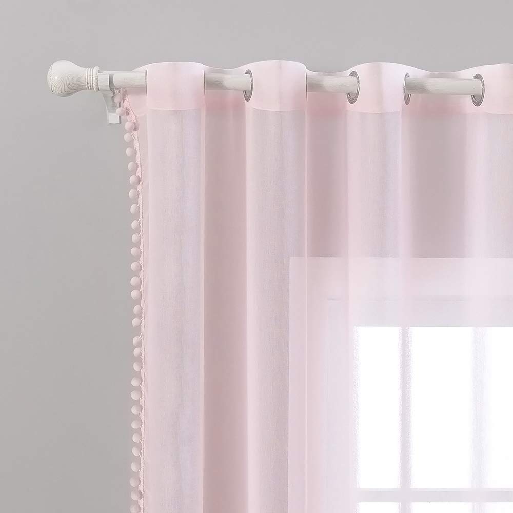 MIULEE Cortinas con Pompones-Transparente Cortinas Salon Rosa Bebé con Detalle 2 Piezas (2X140 x 260cm), Cortinas Dormitorio para Juvenil Niñas Habitacion, Visillos Translucidas Salon con Ollaos