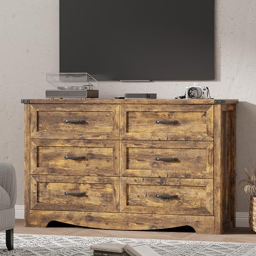 Image of Dresser for Bedroom with 6 Drawers, 48 inch Wide Wood Chest of Drawers with Deep Drawers & Mental Handle, Wooden Dresser TV Stand, Modern Closet Storage Organizer for Living Room, Hallway, Entryway, Brown
