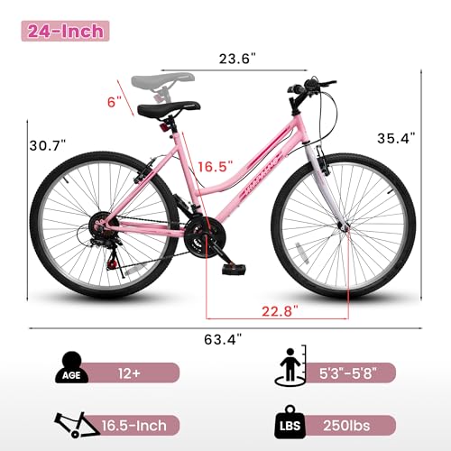 Ecarpat Womens 24 Inch Mountain Bike, 21 Speed Outdoor Cycling Bike, Womens' Bicycles with High Carbon Steel Frame, Dual V-Brake